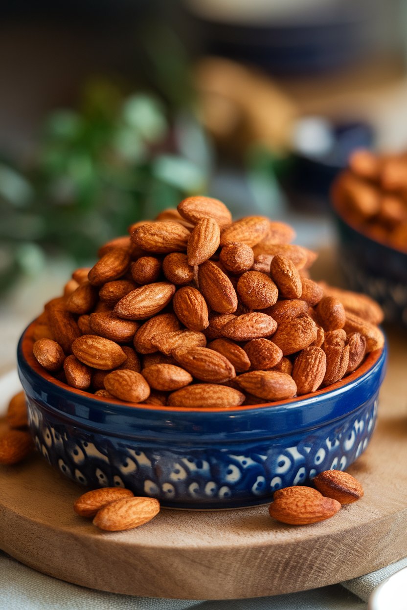 Indoor ceramic dish piled with roasted almonds coated in deep-red smoked paprika seasoning. No logos or text.