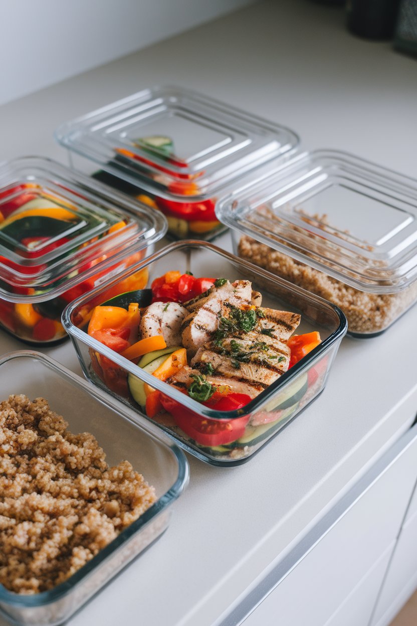 An indoor countertop lined with glass meal-prep containers holding colorful cooked veggies, grilled chicken, and quinoa. No text or logos on lids.