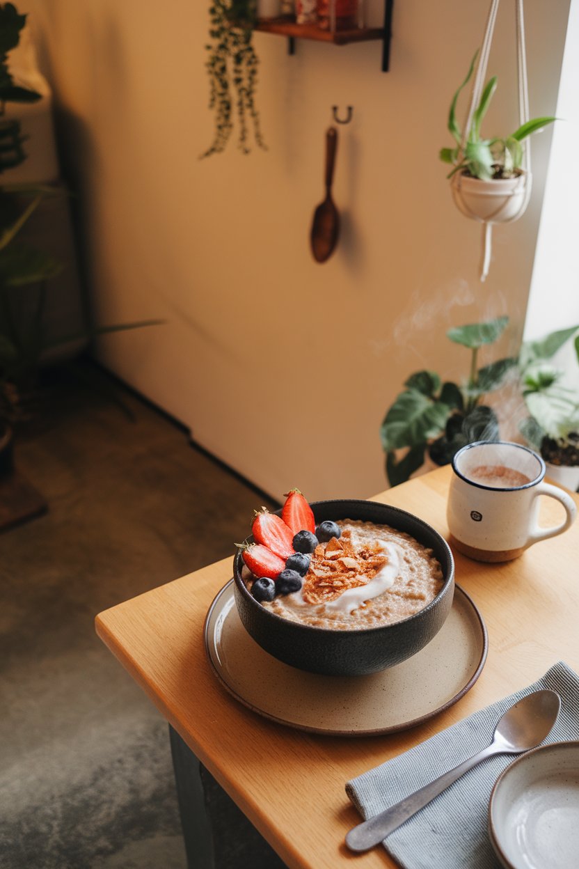 A warmly lit indoor kitchen table featuring a deep bowl of oatmeal swirled with coconut milk and topped with fresh strawberries, blueberries, and a sprinkle of toasted coconut flakes; photo only, no text or logos.