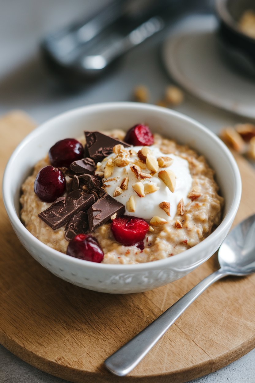 Indoor bowl of oatmeal topped with dark chocolate shavings and tart cherries, steam rising gently. No text or logos.