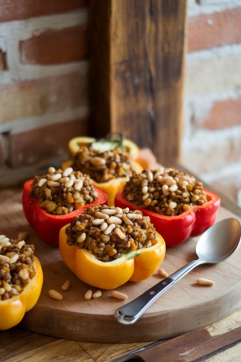 An indoor dining setup with halved bell peppers filled with herb-spiked lentils and rice, sprinkled with toasted pine nuts. No text or logos; photo, not illustration.