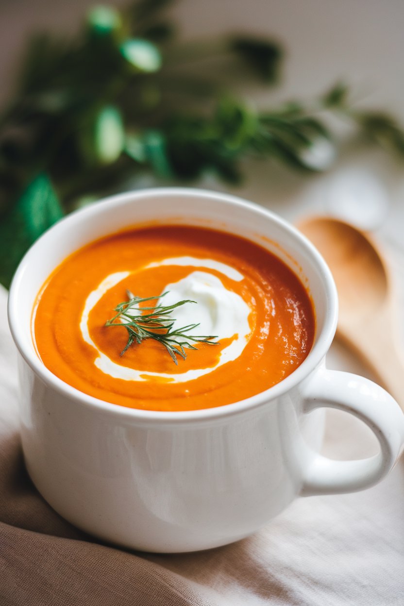 Indoor photo of bright orange carrot soup in a white mug, swirl of yogurt on top, no text or logos