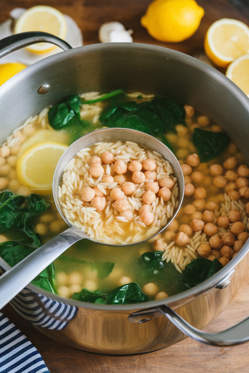Indoor soup scene of a pot filled with orzo, chickpeas, spinach, and a clear lemony broth, ladle resting on the rim. No logos or text.
