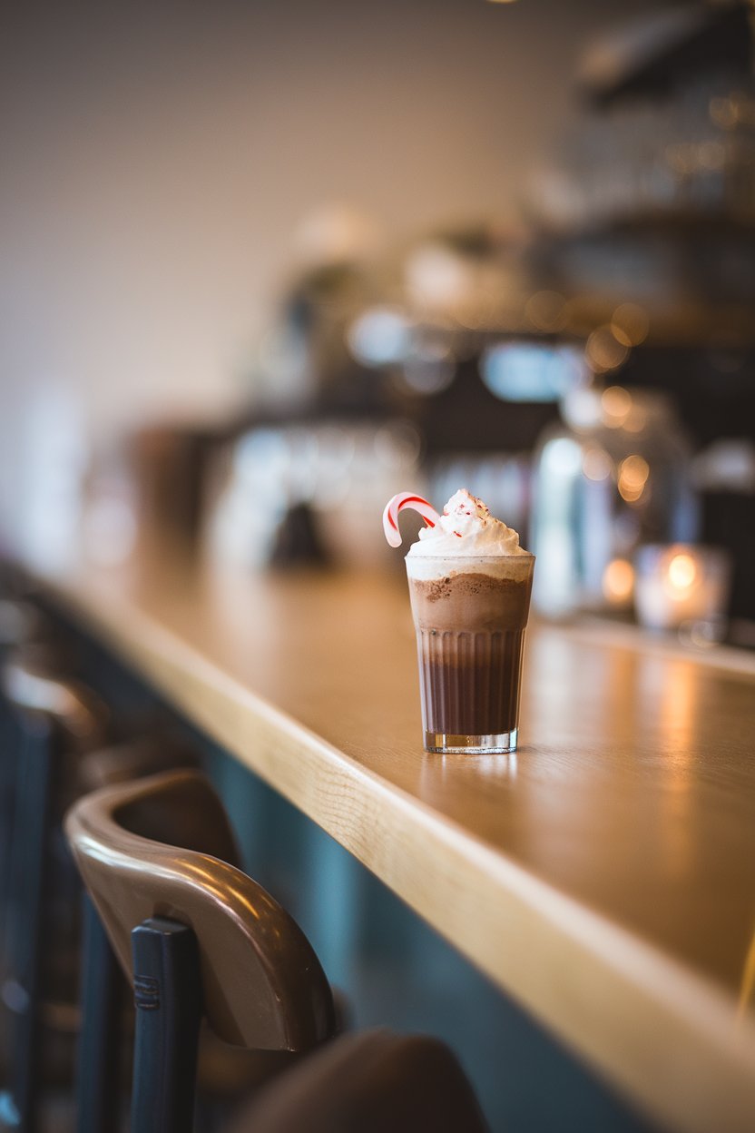 Photo of chocolate-brown shots with whipped cream peak and tiny candy cane shard, indoor café bar; no branding.