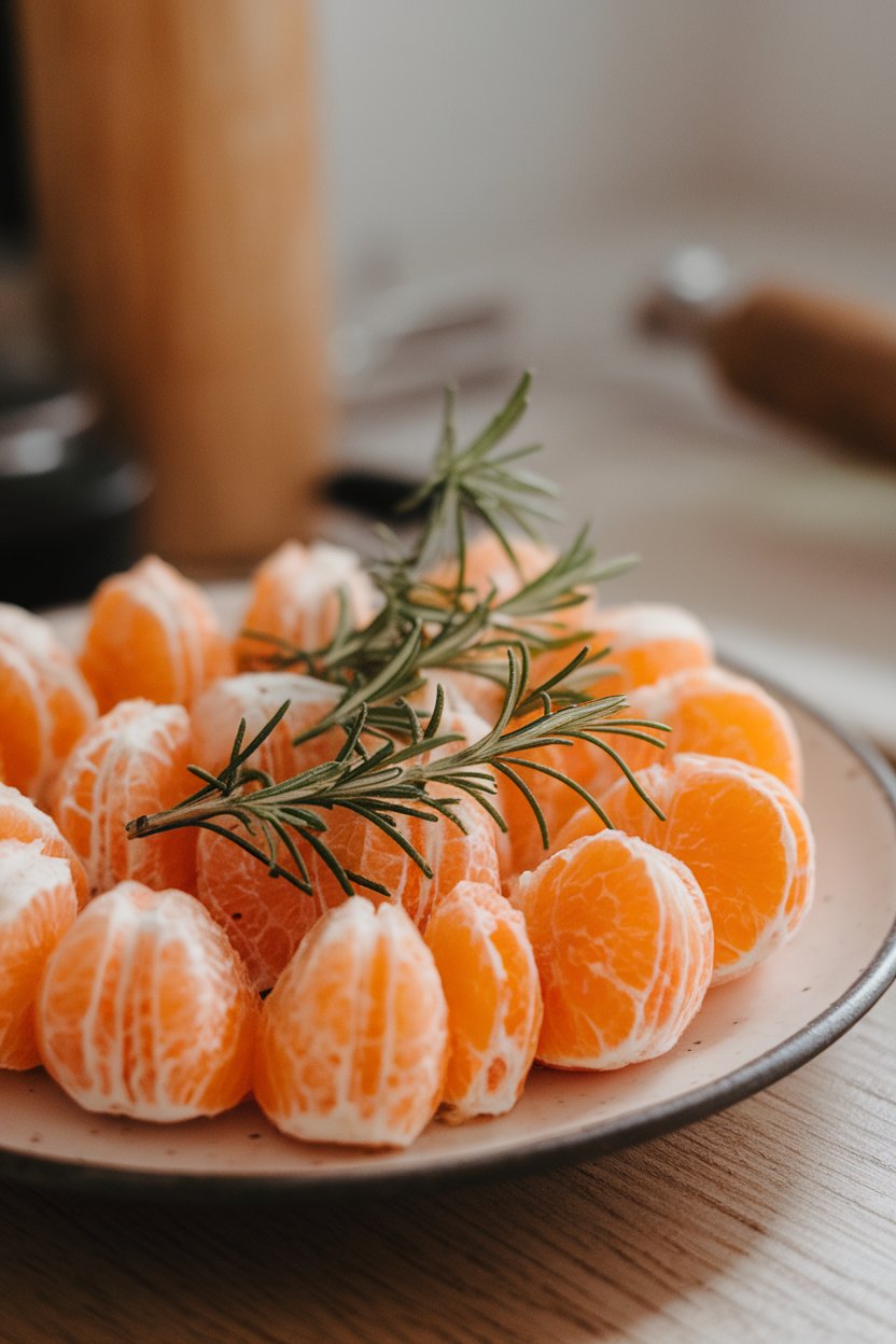 Photo of an indoor plate lined with peeled satsuma orange segments lightly dusted with chopped rosemary, no text or logos.