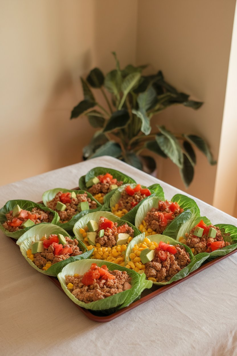 A tray on an indoor table lined with romaine hearts filled with seasoned ground turkey, corn, diced tomatoes, and avocado cubes. No text or brand markings present.