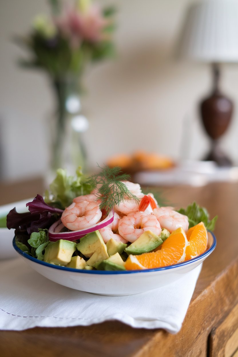 Indoor table featuring a bowl of cooked shrimp, avocado chunks, orange segments, mixed greens, and thin red onion, garnished with dill. Photo only, no text or logos.