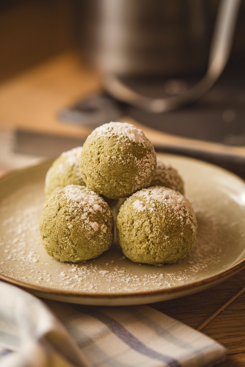 Photo of an indoor dessert plate with pale green matcha snowball cookies dusted in coconut flour “snow,” cozy lighting, no text or logos.
