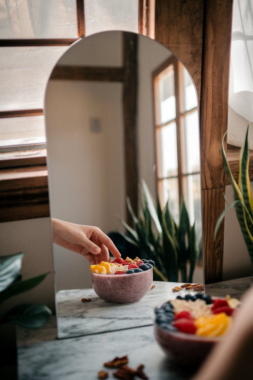 Photo of an indoor vanity mirror reflecting a person’s hands preparing a colorful smoothie bowl topped with nuts and fruit (face unseen); morning light; no text or logos.
