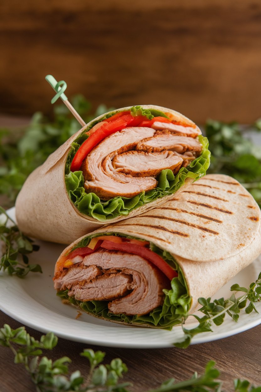 Indoor photo of a whole-wheat wrap cut in half to reveal grilled chicken strips, lettuce, tomato, and bell pepper, toothpick holding halves, no text or logos.