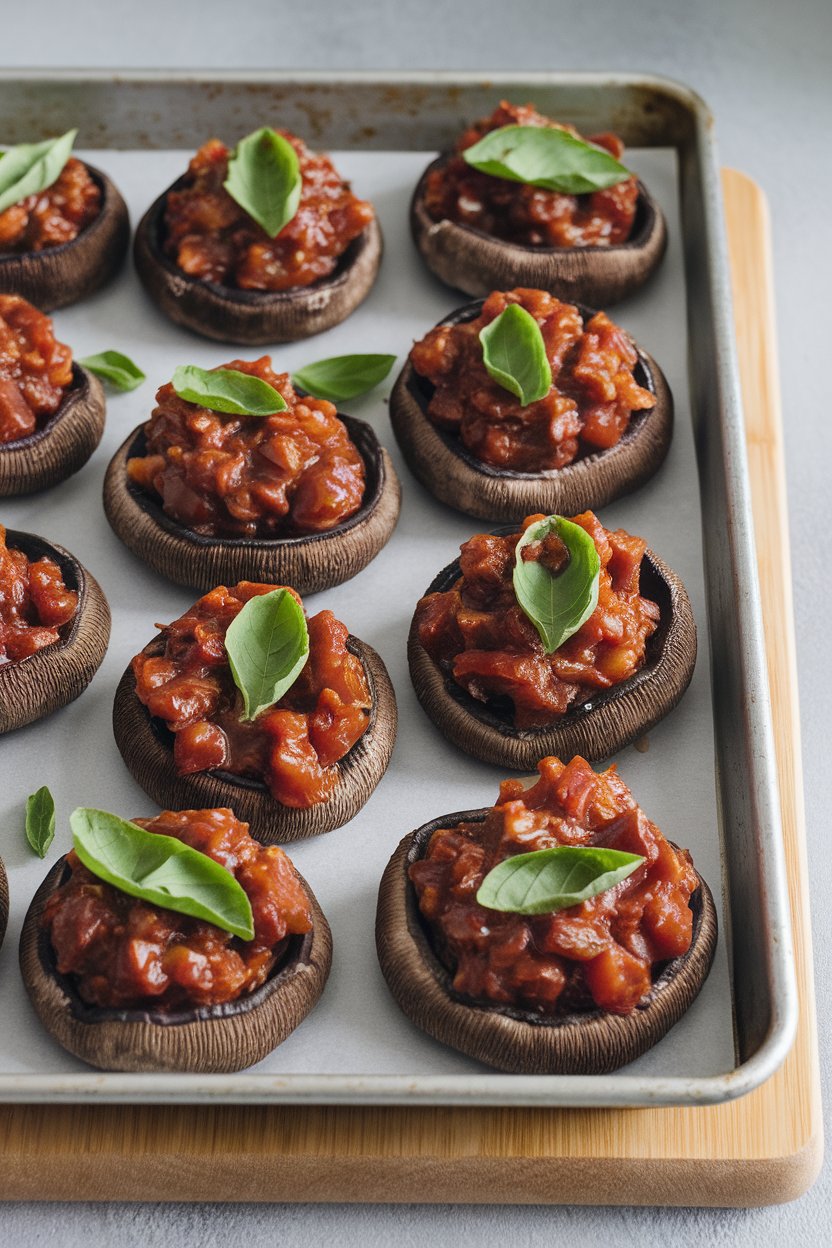 Photo prompt: Indoor baking tray with portobello caps piled high with glossy eggplant caponata, basil garnish. No text or logos.