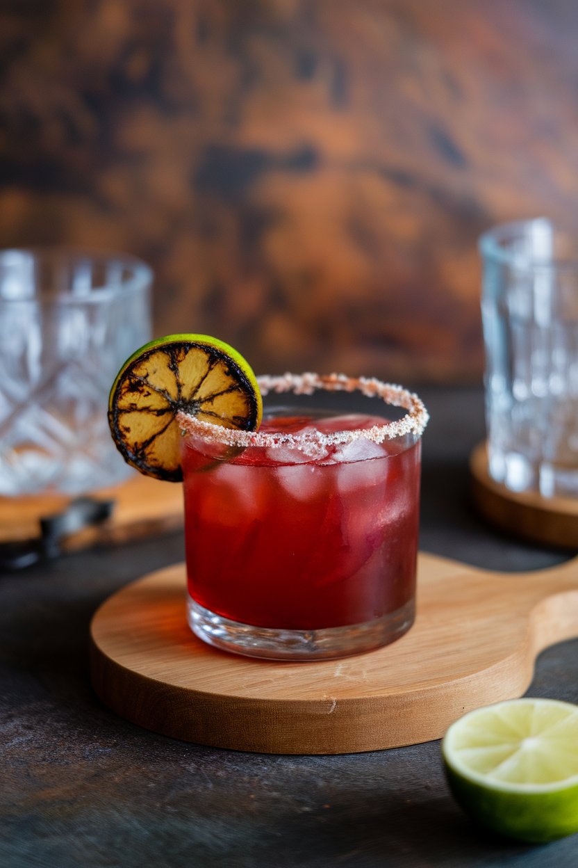 Indoor scene, short glass of smoky deep-red mezcal margarita with charred lime wheel garnish; no logos.