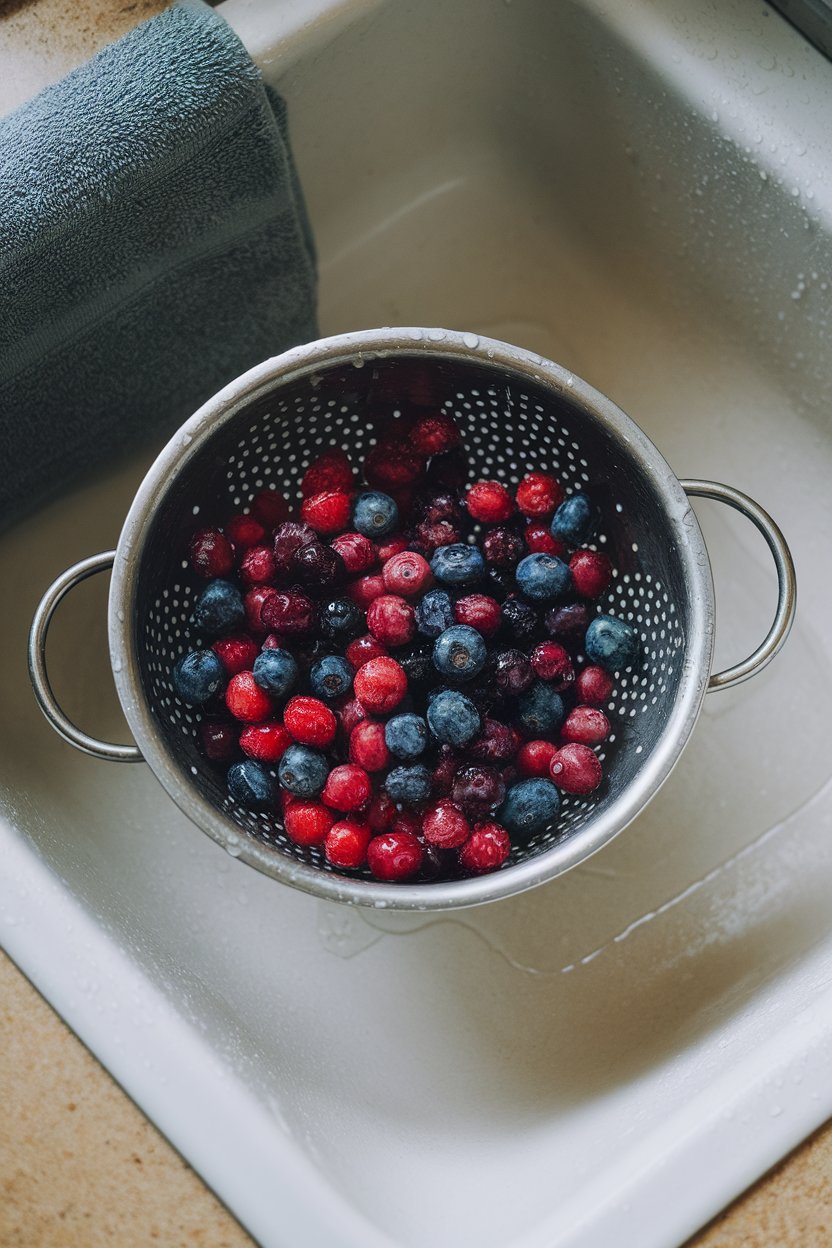 An indoor colander of freshly washed berries draining in a sink, water droplets glistening. No text or logos on colander.