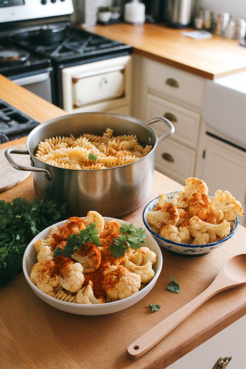 An indoor kitchen island with fusilli pasta, roasted cauliflower florets dusted in chili powder, and parsley; no text or logos.