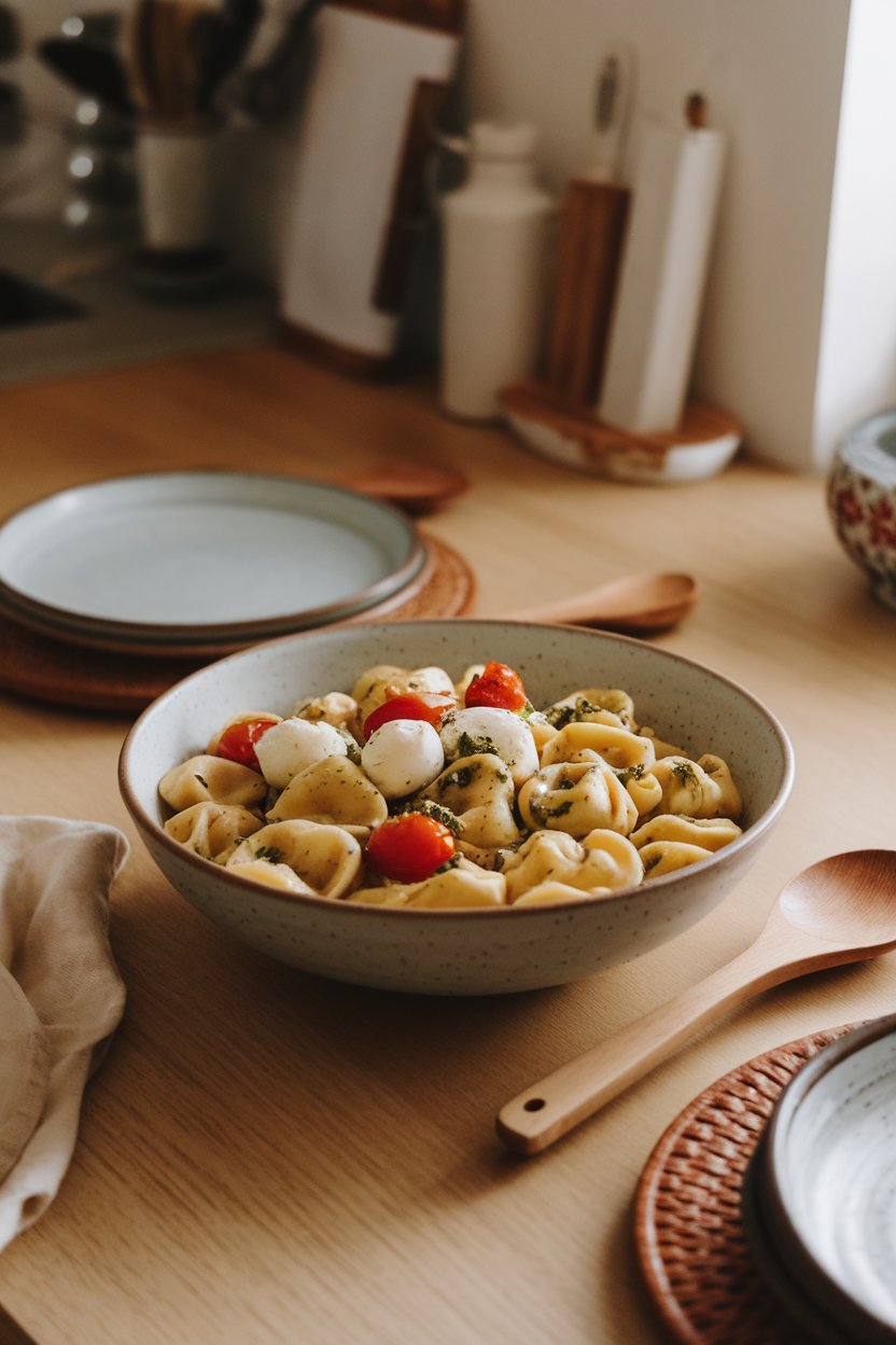 Warm indoor kitchen table featuring a bowl of cheese tortellini tossed in basil pesto with cherry tomatoes and baby mozzarella. Photo only, no text or logos.