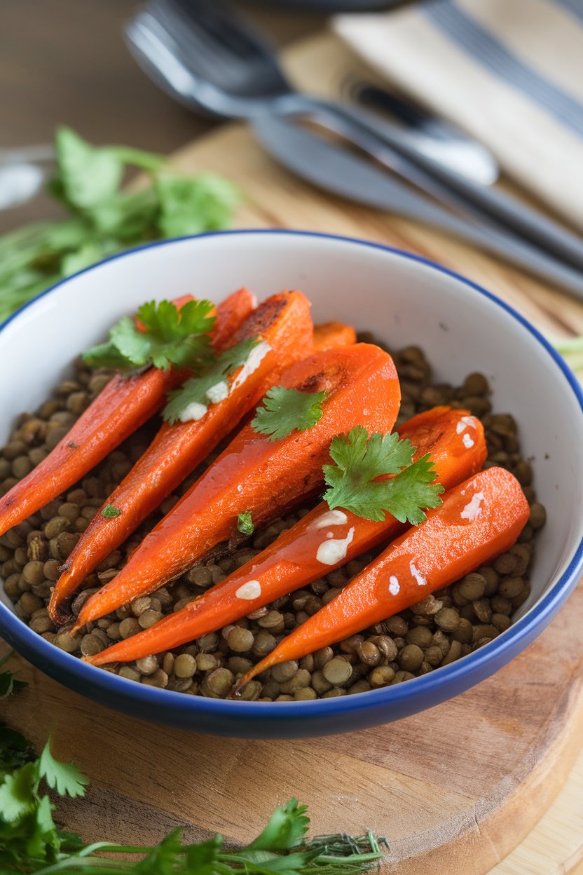 An indoor serving bowl of roasted carrot halves drizzled with honey-garlic glaze, resting atop seasoned green lentils; no text or logos.