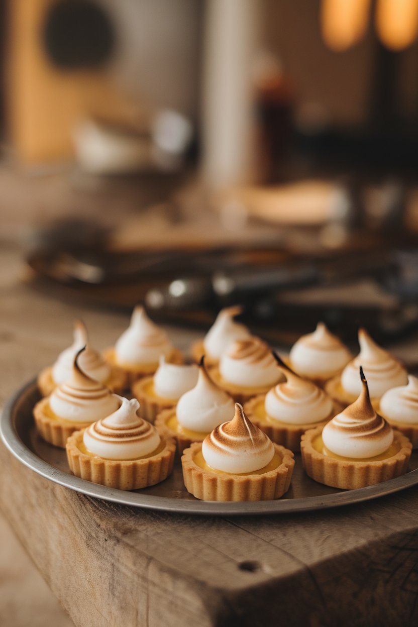 Indoor tray of bite-size lemon tarts crowned with torched meringue peaks. No text or logos. Photo only.