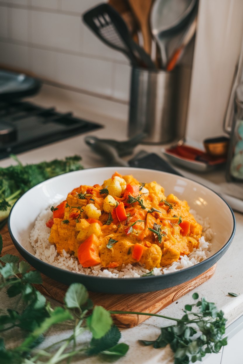 Photo of an indoor kitchen counter with a turmeric-coconut vegetable curry served over jasmine rice, gentle steam visible. No text or logos anywhere.