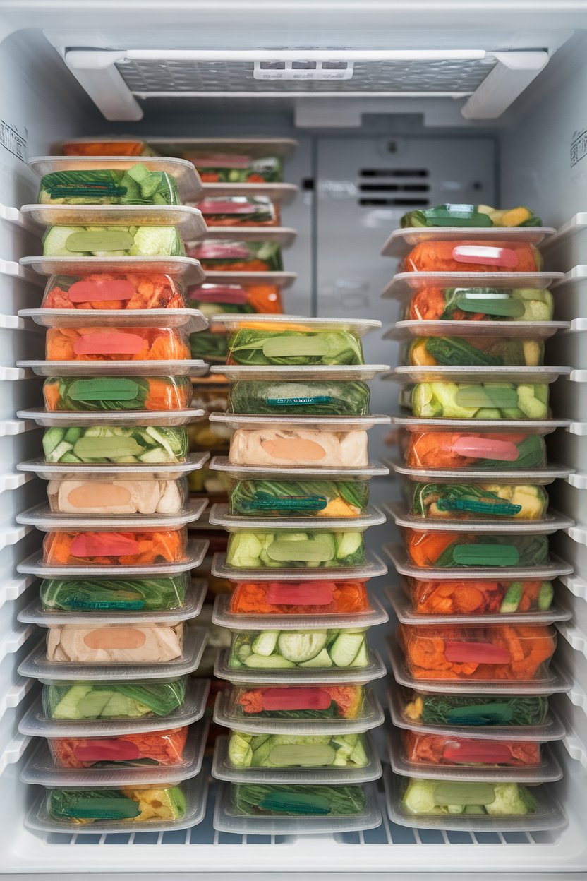 Freezer photo of neatly stacked branded-less vacuum-sealed meals featuring vegetables and lean proteins, no logos or visible text.