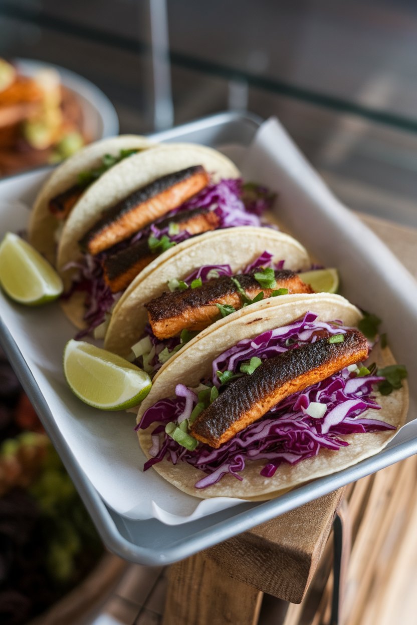 An indoor taco tray holding three corn tortillas filled with cooked blackened fish strips, purple cabbage slaw, and lime wedges. No text or logos. Photo.