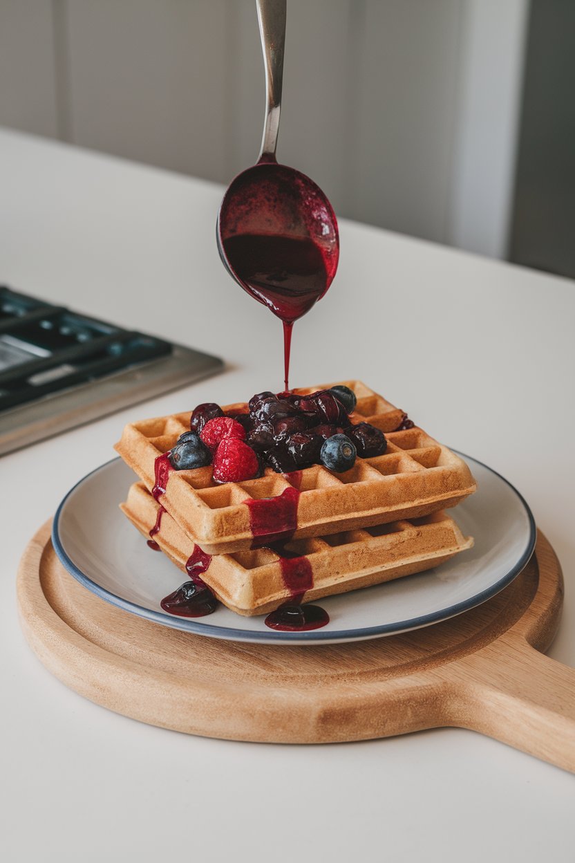 Photo of an indoor kitchen island holding two whole-grain waffles stacked with a ladle of warm berry compote drizzling down, no text or logos