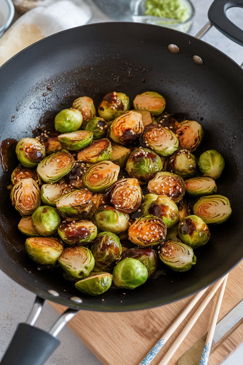 An indoor wok scene of halved Brussels sprouts glazed with maple-soy sauce and sprinkled with sesame seeds; no text or logos.