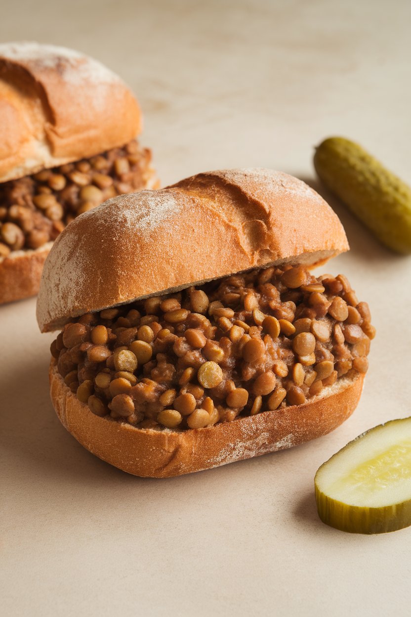 Indoor photo of whole-wheat bun filled with saucy lentils, pickles on the side, no text or logos