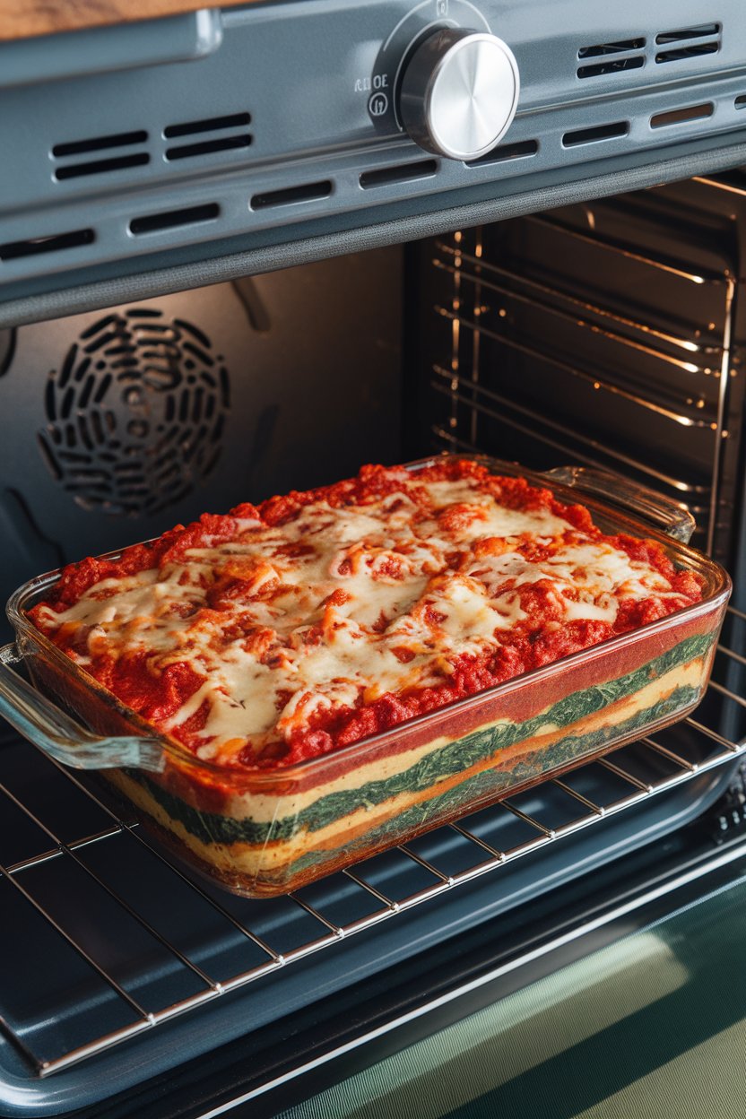 Indoor oven scene with a bubbling casserole dish of whole-wheat lasagna layered with spinach, ricotta, and marinara, cheese melted on top. Photo, no text or logos anywhere.