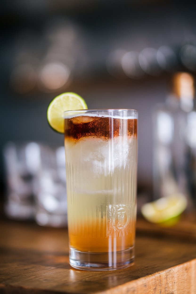 Indoor scene featuring a tall glass of dark rum floating over ginger beer, lime wedge tucked inside. No logos visible.