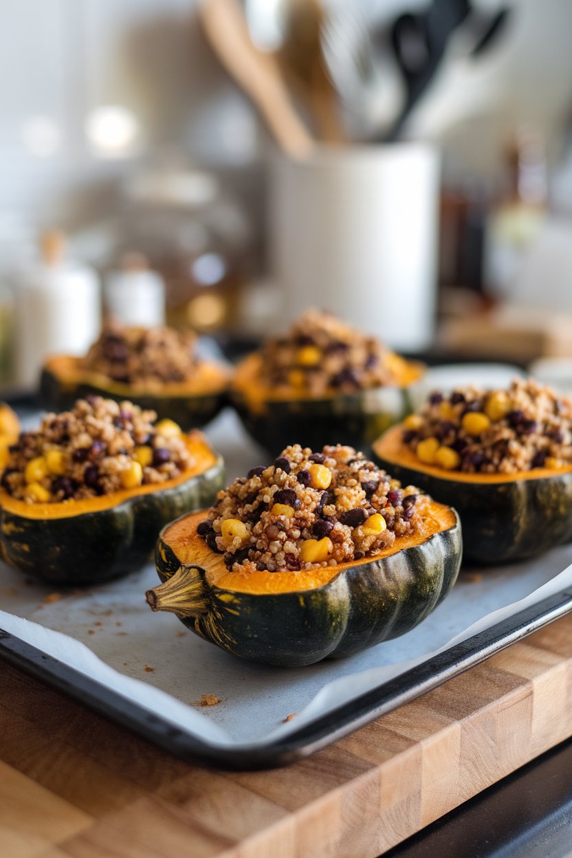 An indoor baking sheet featuring roasted acorn squash halves stuffed with quinoa, black beans, and corn; no text or logos.
