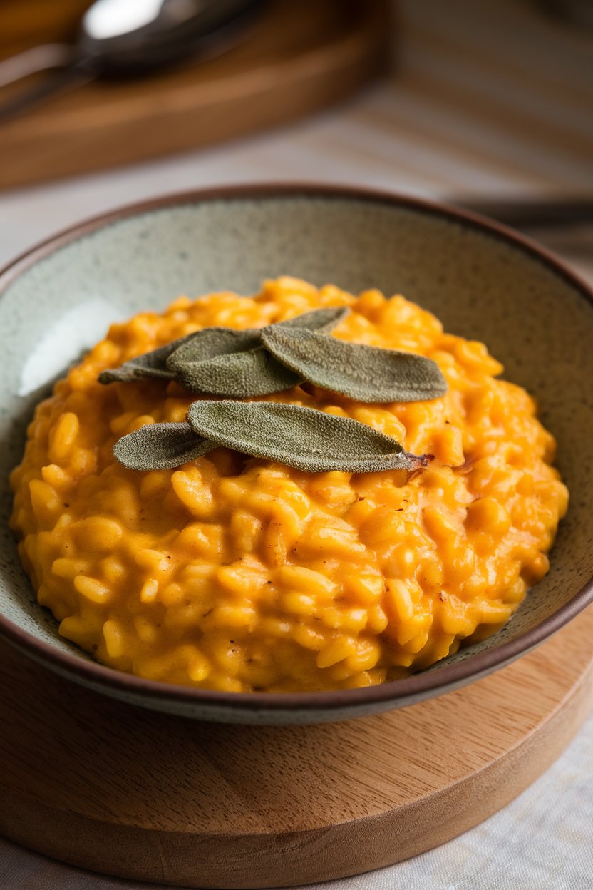 Photo, indoors, creamy pumpkin risotto in a shallow bowl topped with fried sage leaves. No text or logos present.