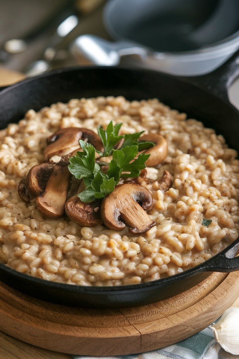 Indoor food photo of creamy farro risotto with sautéed mushrooms in a cast-iron skillet; parsley garnish, no text or logos.