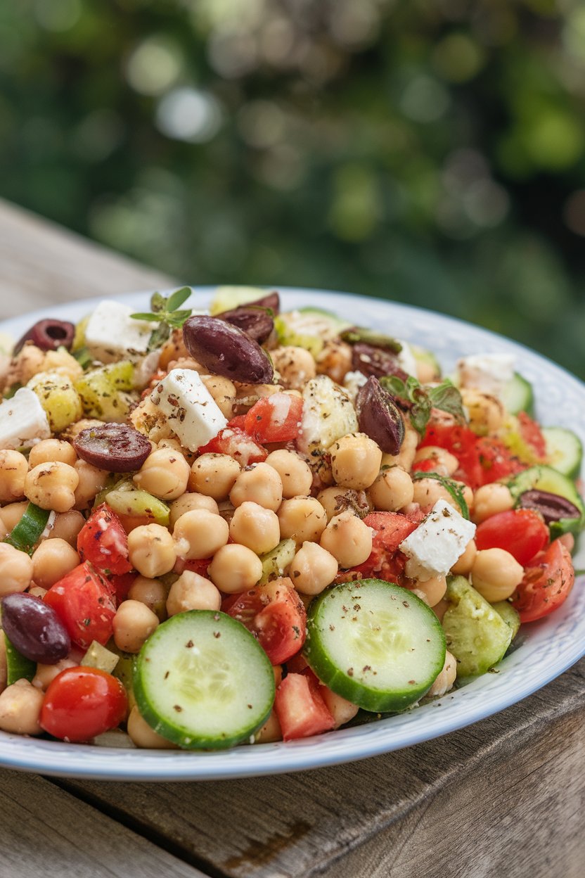 Indoor tabletop shot of a colorful chickpea salad with cucumbers, tomatoes, olives, and feta sprinkled with oregano. No logos, photo only.