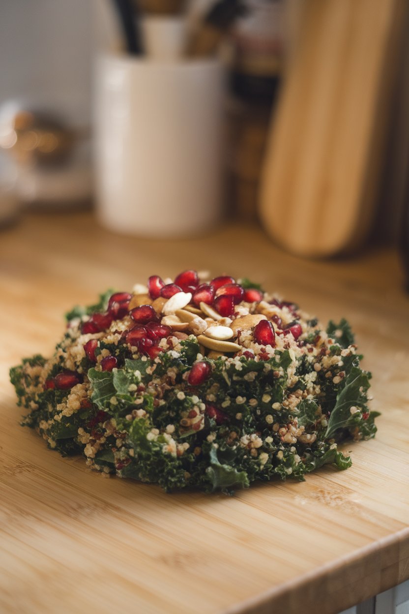 An indoor countertop featuring a kale and quinoa salad studded with pomegranate seeds; no text or logos. Photo only.