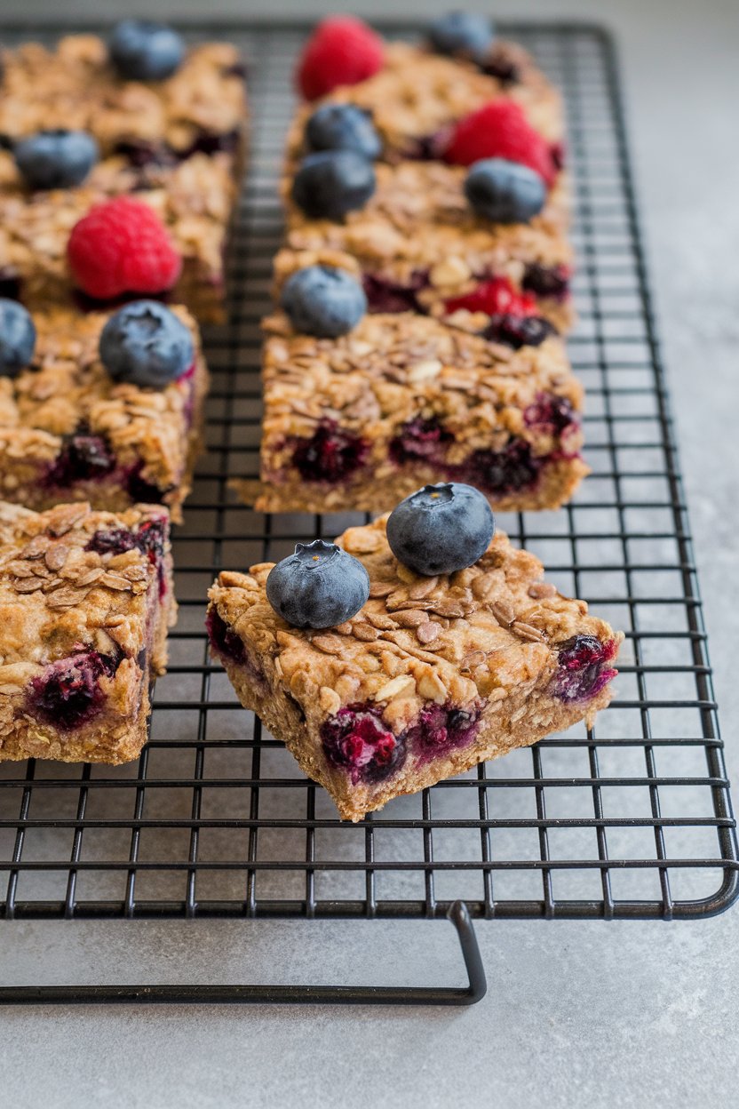 Cooling rack indoors holding homemade oat and berry breakfast bars studded with flaxseeds, one bar slightly broken to show texture. No logos or text.