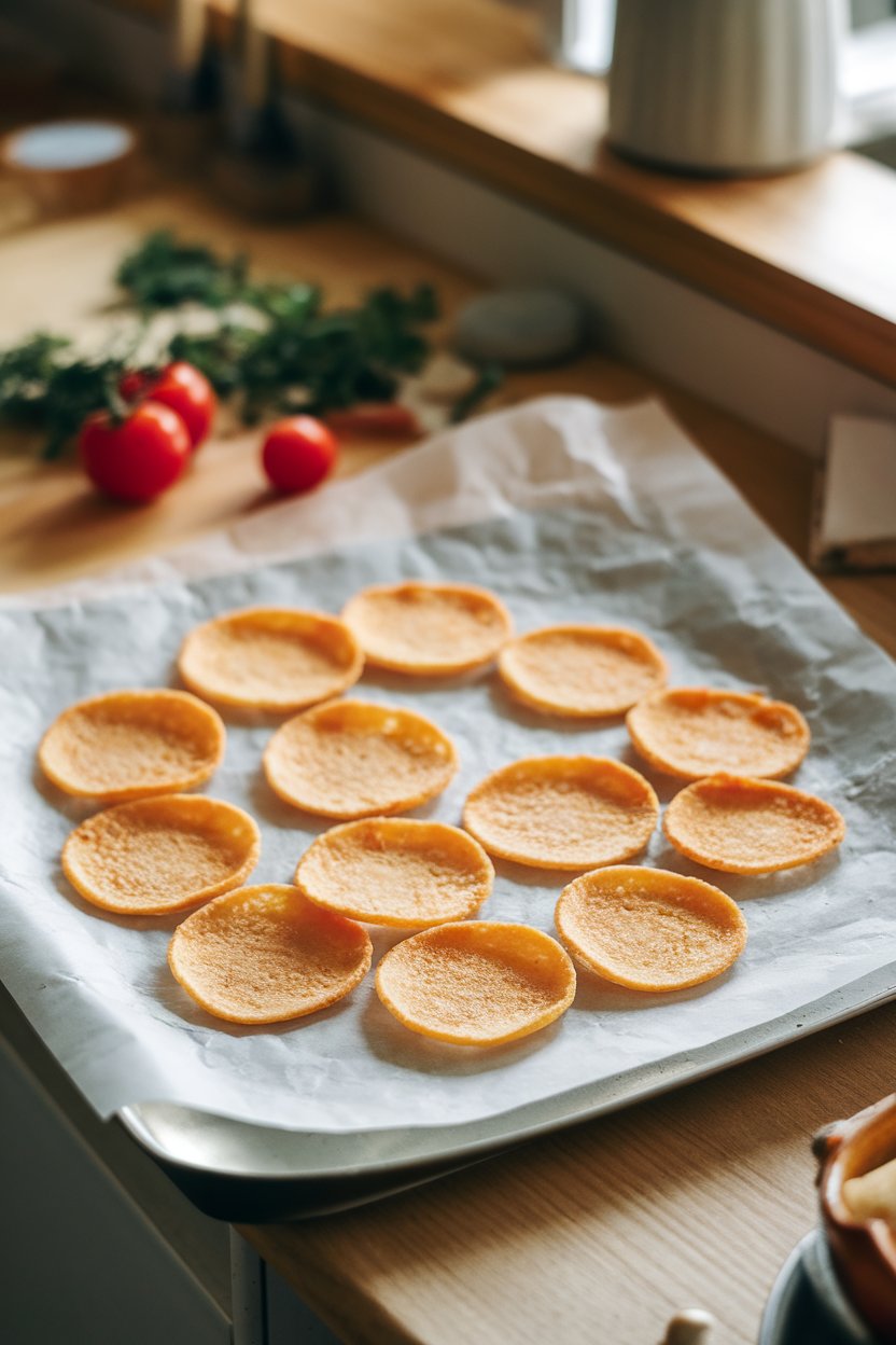 Delicate round Parmesan crisps cooling on parchment on an indoor counter. No text or logos. Photo.