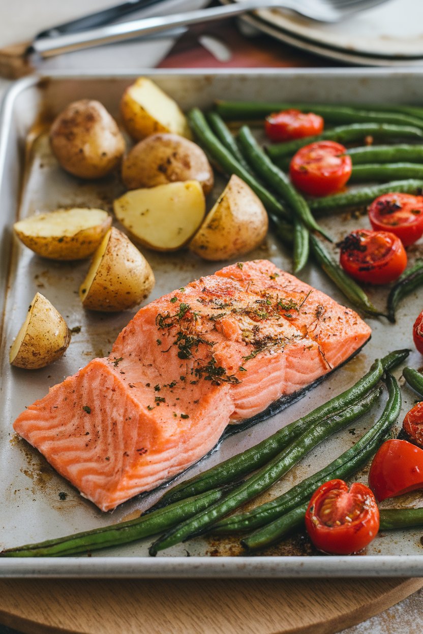 An indoor oven-side view of a sheet pan containing cooked salmon, roasted baby potatoes, green beans, and cherry tomatoes arranged in sections. No brand names visible.
