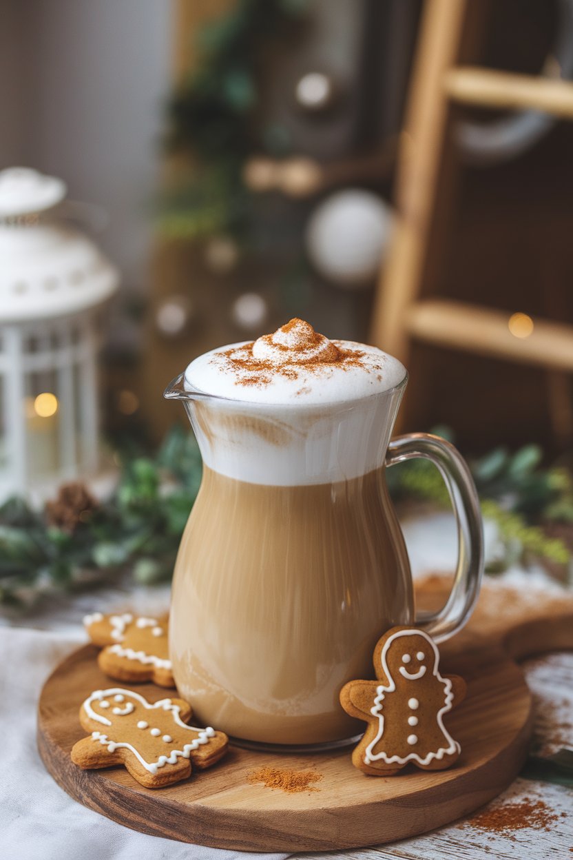 Indoor carafe of creamy latte topped with foamed milk and dusted with gingerbread spice blend. No text or logos. Photo only.