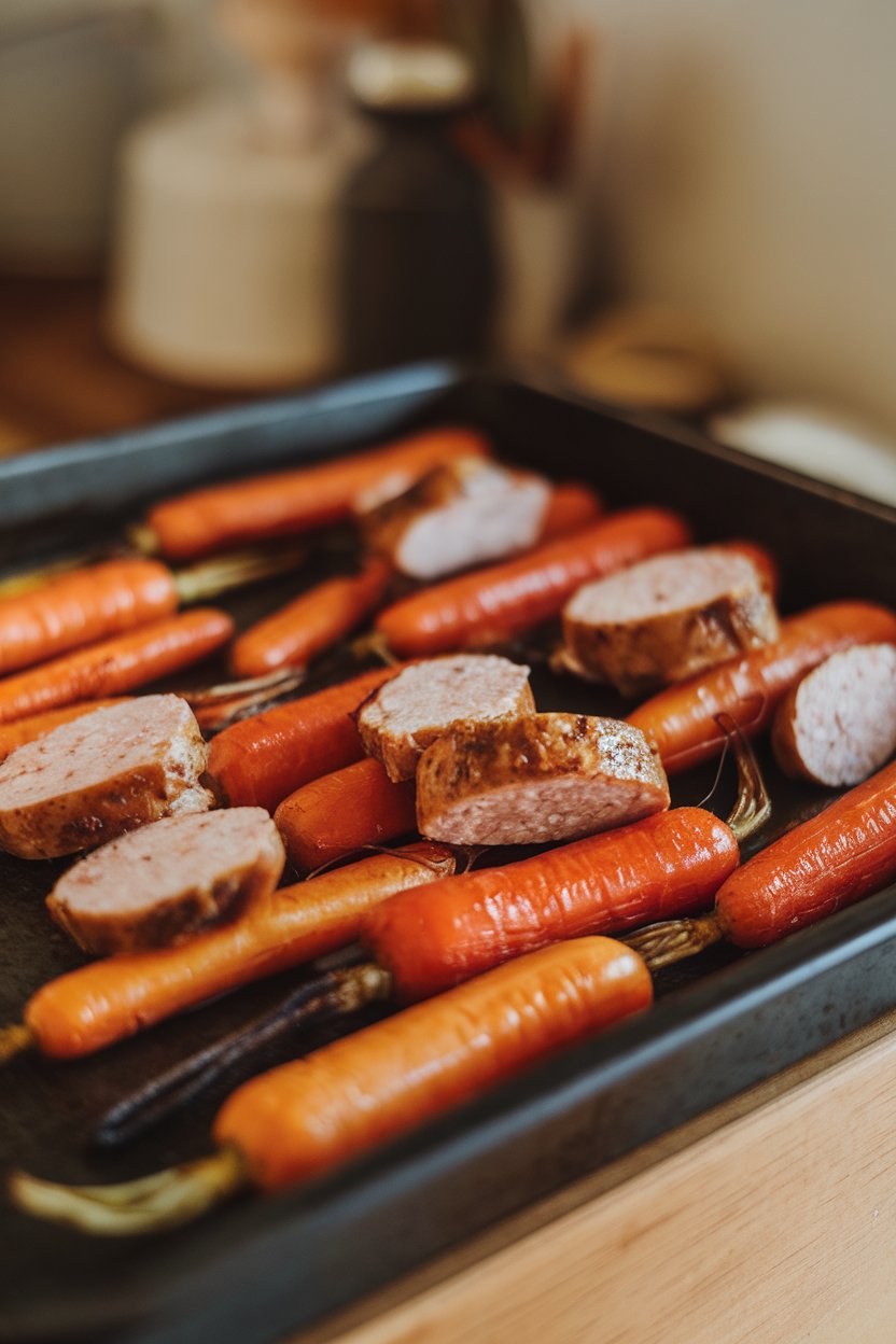 An indoor baking tray holding roasted carrots and sliced chicken sausage coated in a shiny maple-Dijon glaze. No brand markings visible.