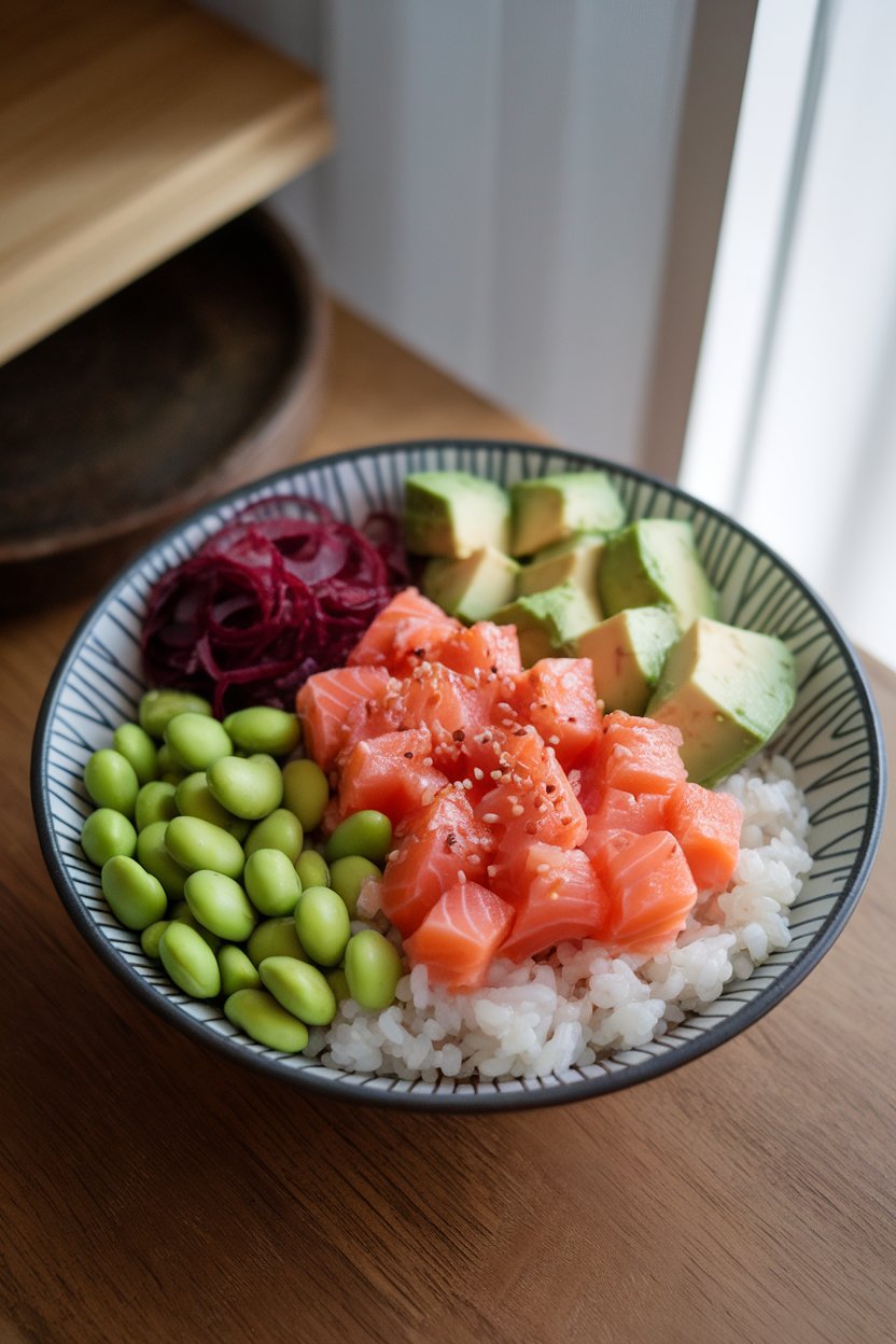 Indoor tabletop with a deconstructed sushi bowl: cooked short-grain brown rice, diced cooked salmon, avocado cubes, edamame, and sesame seeds neatly arranged. Photo, no text or logos.