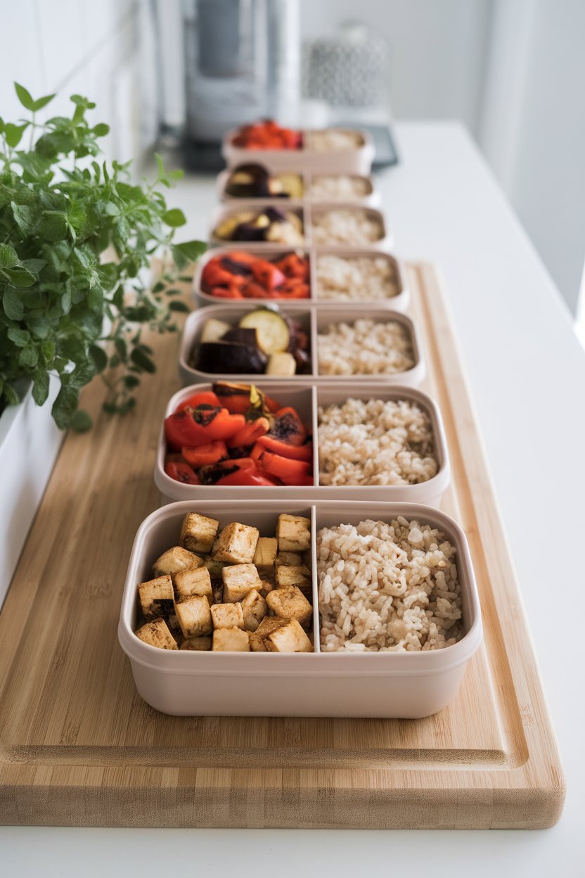 Photo of an indoor meal-prep station with a row of reusable containers filled with brown rice, roasted vegetables, and tofu; bright countertop lighting; no text or logos.