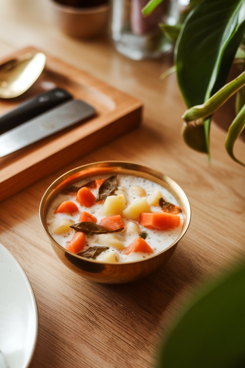 An indoor dining scene with a pale coconut milk–based vegetable stew in a small brass bowl, chunks of carrot, potato, and beans visible, dotted with curry leaves. No text or logos. Photo, not illustration.