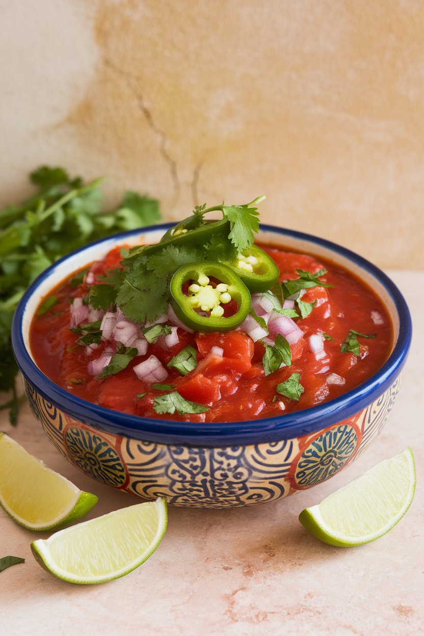 Indoor photo of a bowl of chunky salsa with tomato, onion, cilantro, and jalapeño, alongside lime wedges; no text or logos.