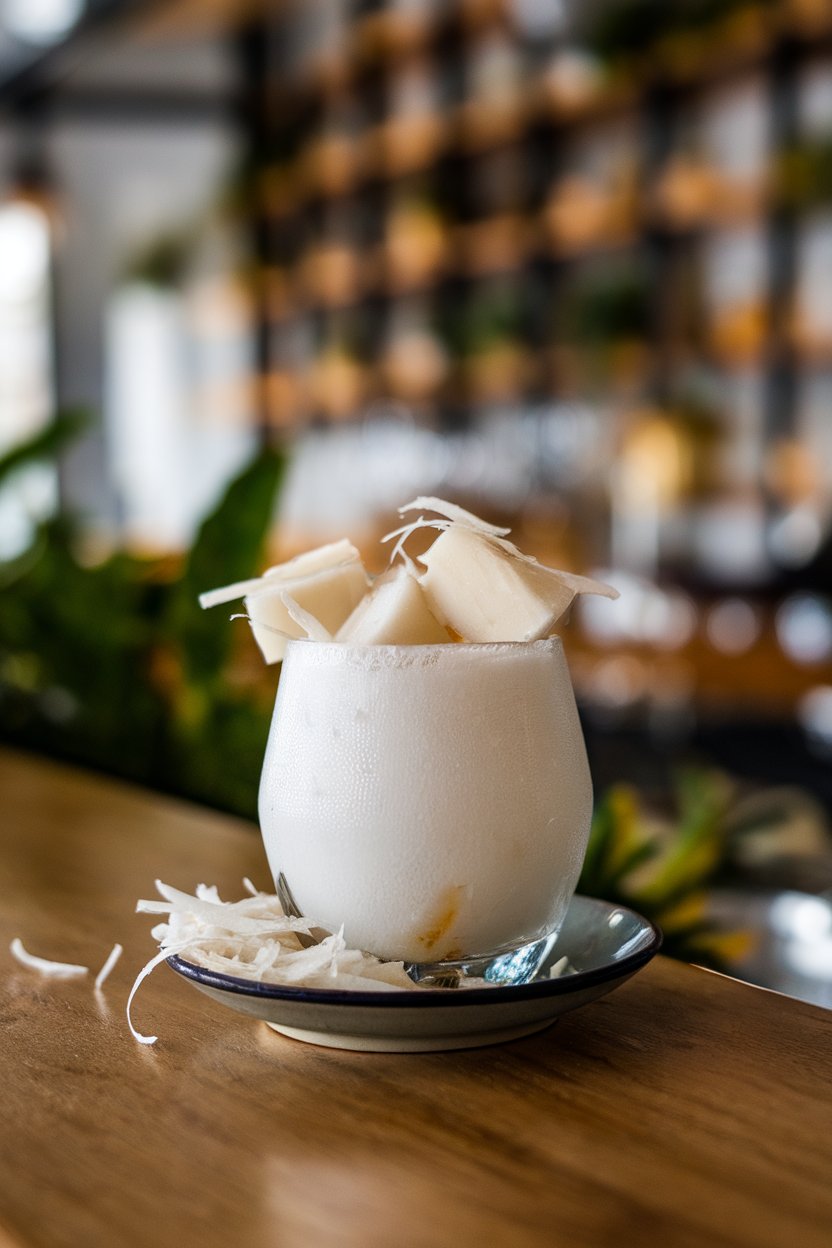 Photo of bright-white coconut shots sprinkled with shredded coconut, indoor bar; no text or logos.