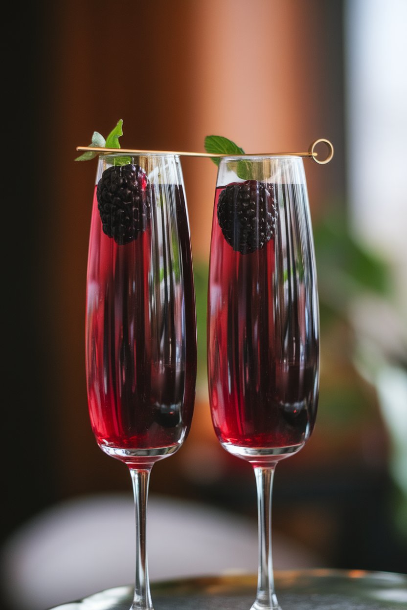 Two slender flutes indoors containing deep ruby Kir Royales, a single fresh blackberry floating in each glass. No text or logos present.