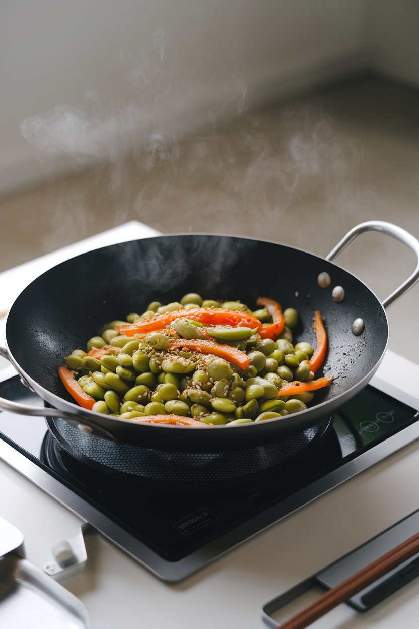 Indoor wok filled with sautéed edamame, bell pepper strips, and sesame seeds—steam visible, no text or logos.