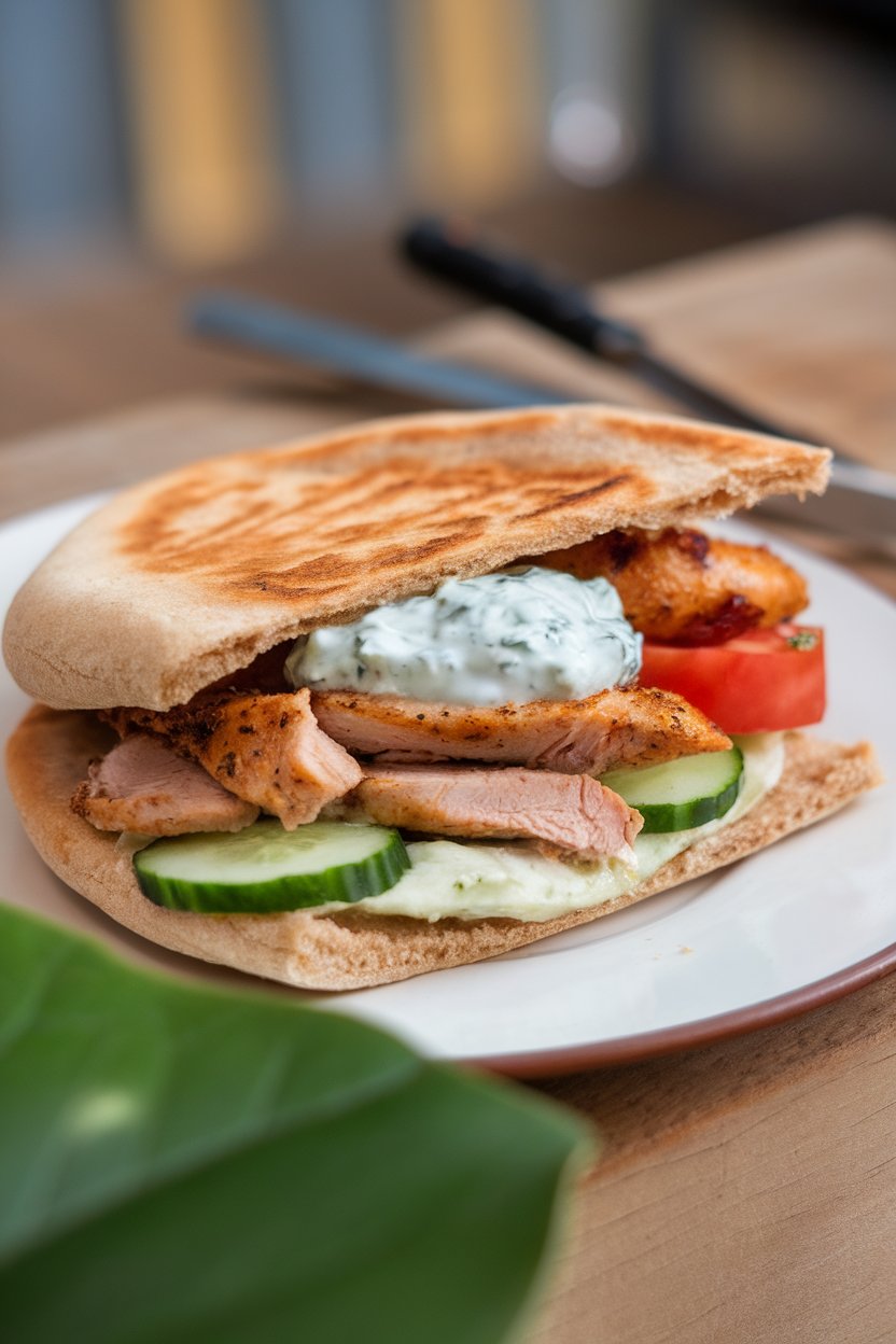 An indoor lunch plate featuring a halved whole-wheat pita stuffed with grilled chicken, cucumber, tomato, and tzatziki. No logos. Photo.