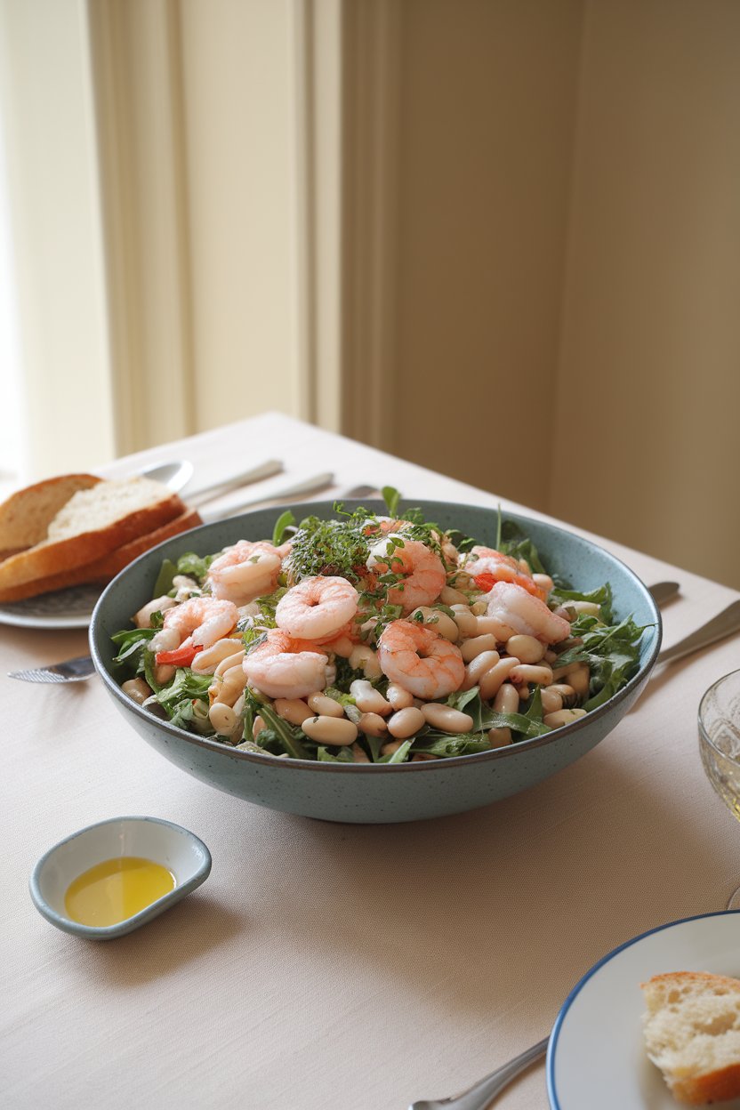 Indoor salad bowl of shrimp, white beans, arugula, and lemony dressing, herbs visible. No logos.