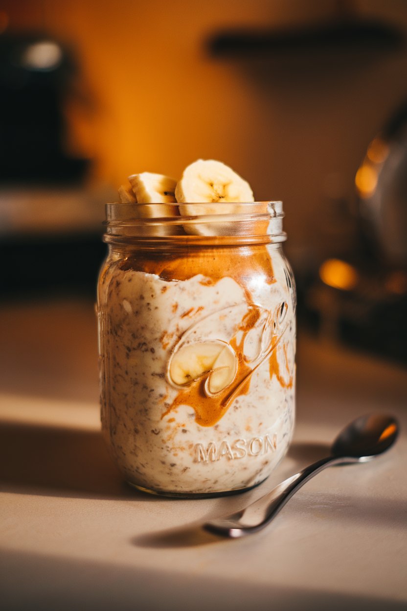 Photo of a mason jar filled with creamy overnight oats swirled with peanut butter and topped with banana slices, placed on a kitchen counter beside a small spoon, all indoors under warm lighting. No text or logos in sight.