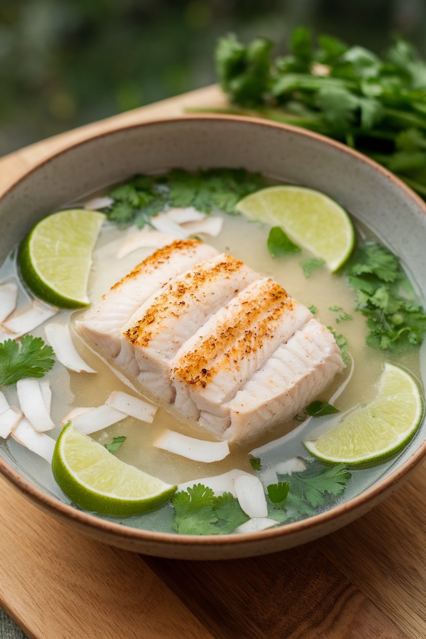 A shallow indoor bowl of cooked halibut fillet sitting in coconut-lime broth with cilantro garnish; no text or logos.